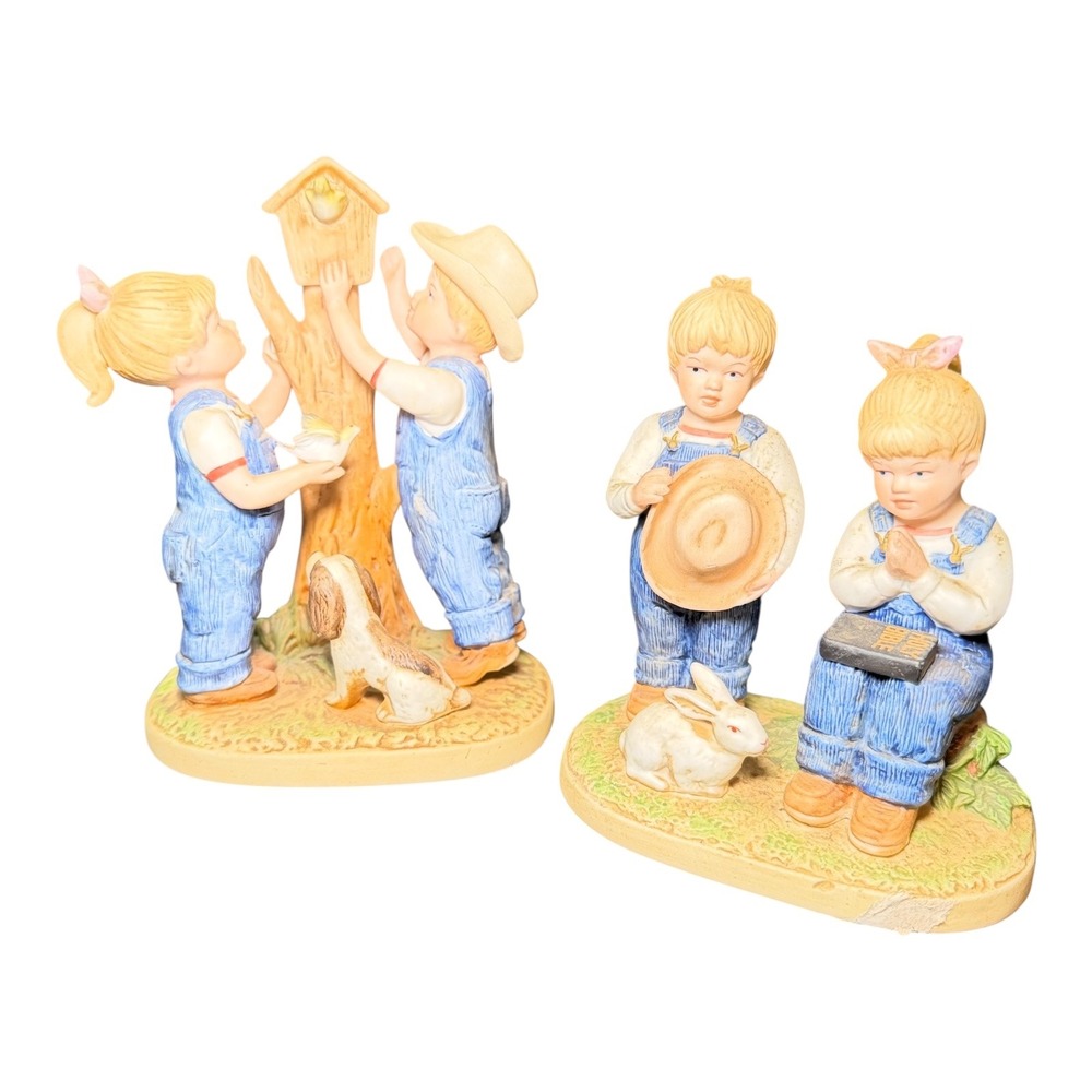 Homco Denim Days Figurine Set of 2  1985 Ceramic Decor birdhouse Rabbit